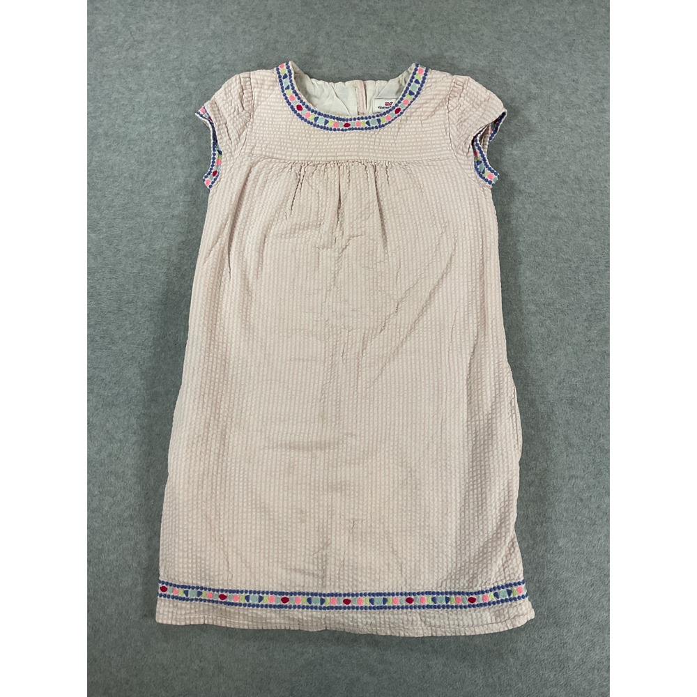 Vineyard Vines Girls Pink White Seersucker Embroidered Shift Dress Size 8 2631